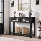 Console en bois de 43 po pour entrée, table de canapé à 2 niveaux avec 2 tiroirs en verre et rangement, idéale pour salon et hall d'entrée