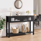 Console en bois de 43 po pour entrée, table de canapé à 2 niveaux avec 2 tiroirs en verre et rangement, idéale pour salon et hall d'entrée