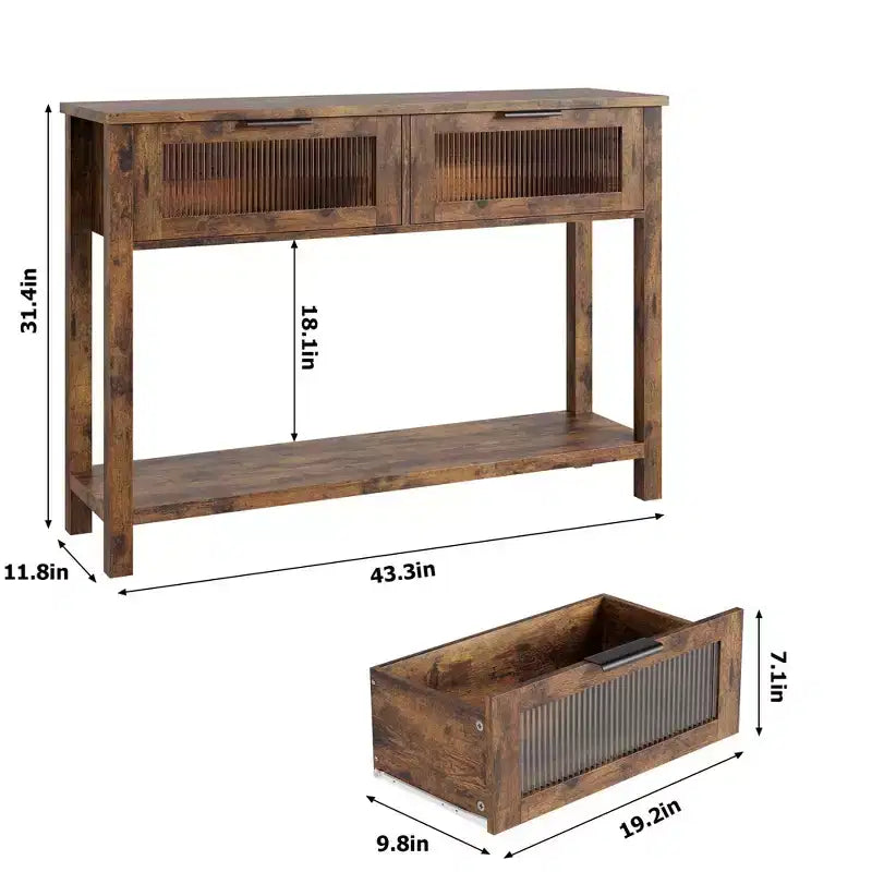 Console en bois de 43 po pour entrée, table de canapé à 2 niveaux avec 2 tiroirs en verre et rangement, idéale pour salon et hall d'entrée