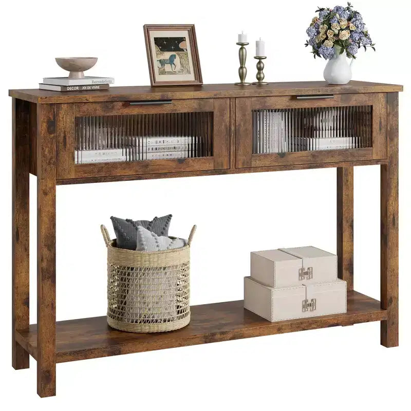 Console en bois de 43 po pour entrée, table de canapé à 2 niveaux avec 2 tiroirs en verre et rangement, idéale pour salon et hall d'entrée