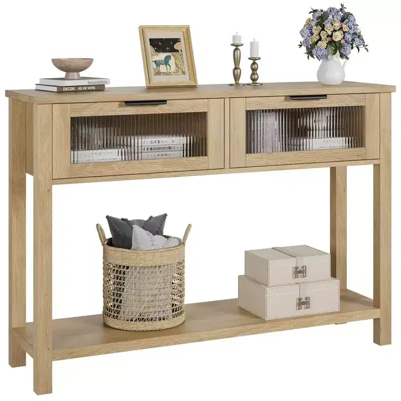 Console en bois de 43 po pour entrée, table de canapé à 2 niveaux avec 2 tiroirs en verre et rangement, idéale pour salon et hall d'entrée