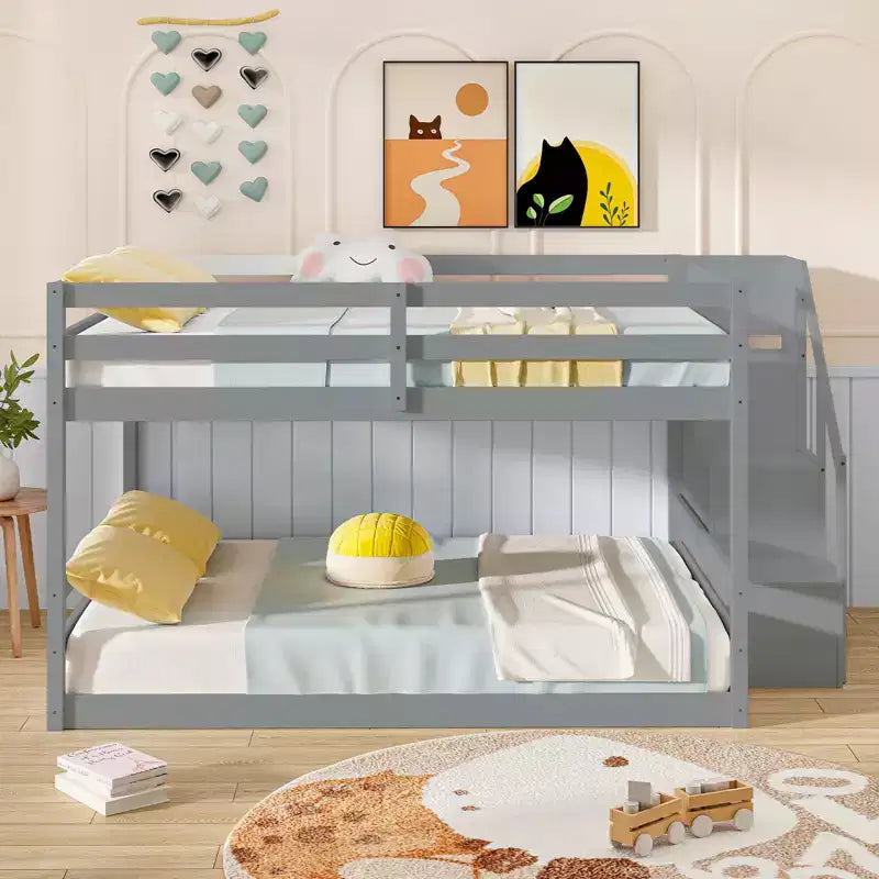 Lit superposé bas complet sur complet avec escalier de rangement avec rampes pleine longueur Blanc/Gris