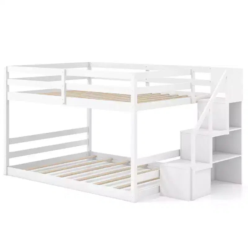 Lit superposé bas complet sur complet avec escalier de rangement avec rampes pleine longueur Blanc/Gris