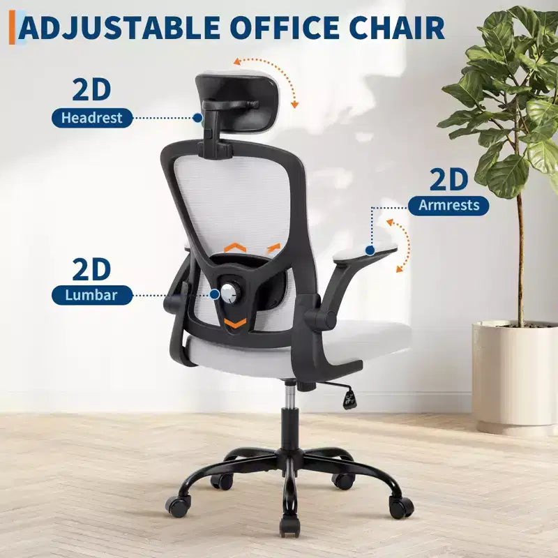 Fauteuil de bureau ergonomique avec dossier haut en maille, appuie-tête et support lombaire réglables, accoudoirs relevables