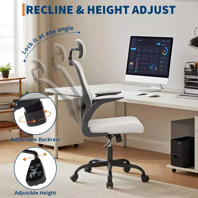 Fauteuil de bureau ergonomique avec dossier haut en maille, appuie-tête et support lombaire réglables, accoudoirs relevables