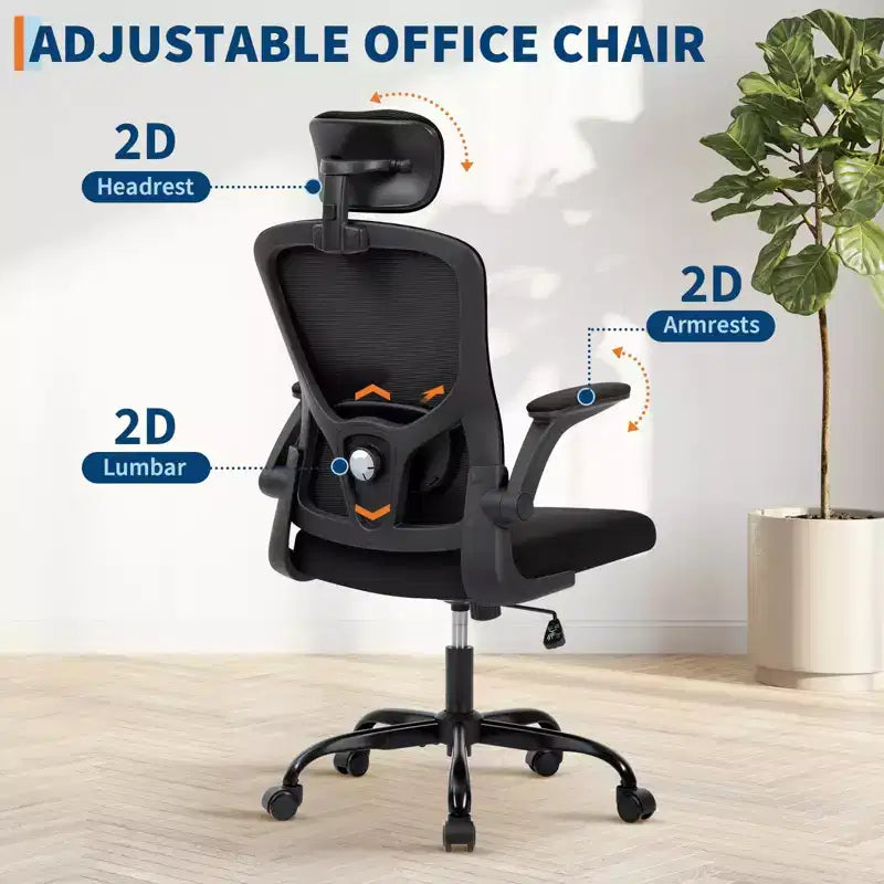 Fauteuil de bureau ergonomique avec dossier haut en maille, appuie-tête et support lombaire réglables, accoudoirs relevables