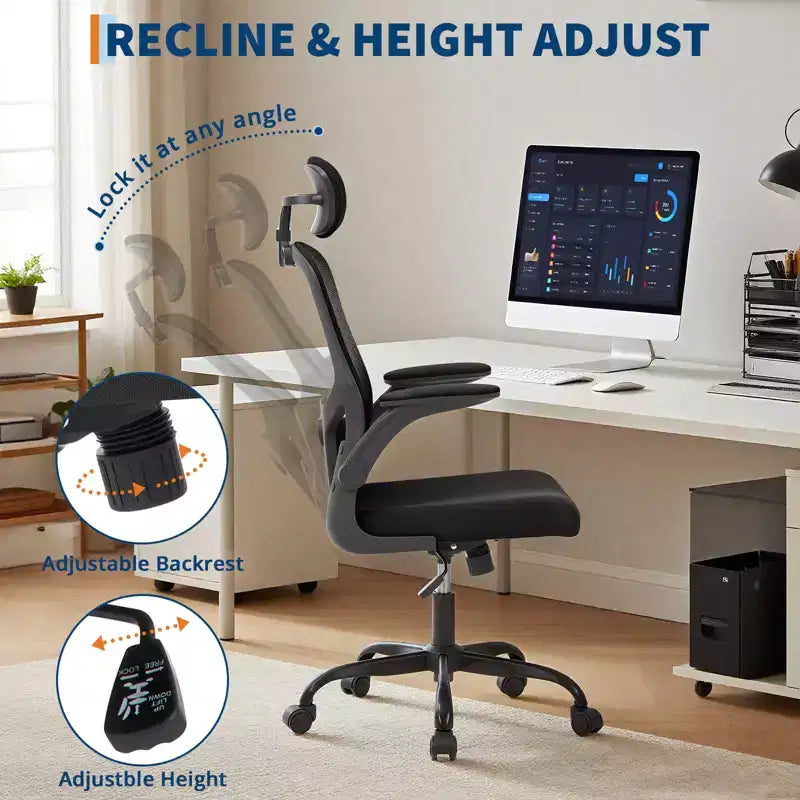 Fauteuil de bureau ergonomique avec dossier haut en maille, appuie-tête et support lombaire réglables, accoudoirs relevables