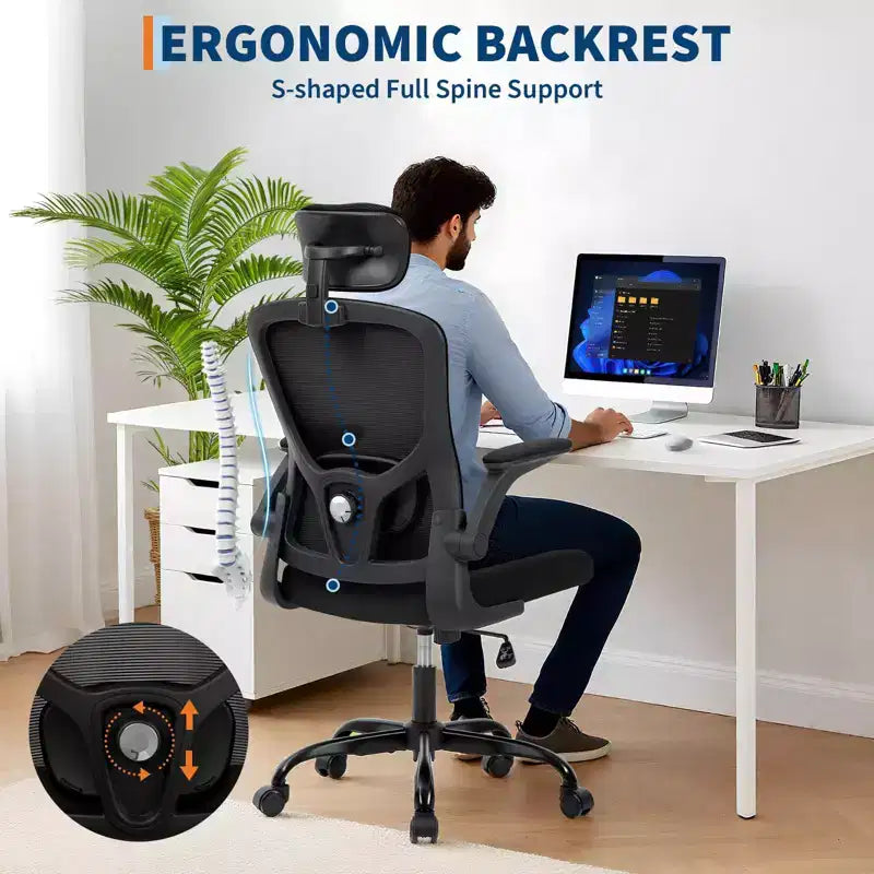 Fauteuil de bureau ergonomique avec dossier haut en maille, appuie-tête et support lombaire réglables, accoudoirs relevables