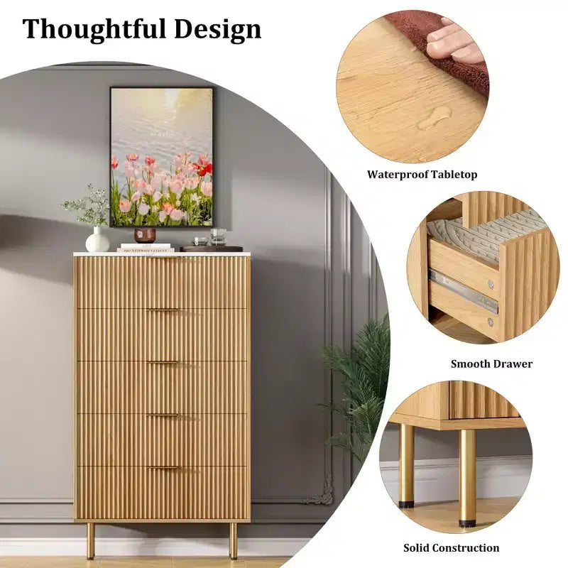 Commode à 5 tiroirs pour chambre à coucher, commode haute en bois de 119 cm avec poignées dorées, commode de rangement cannelée, commode de placard pour chambre à coucher