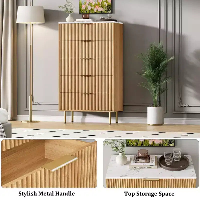 Commode à 5 tiroirs pour chambre à coucher, commode haute en bois de 119 cm avec poignées dorées, commode de rangement cannelée, commode de placard pour chambre à coucher