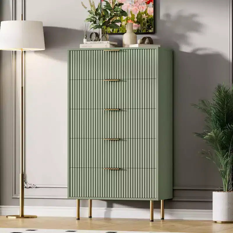 Commode à 5 tiroirs pour chambre à coucher, commode haute en bois de 119 cm avec poignées dorées, commode de rangement cannelée, commode de placard pour chambre à coucher