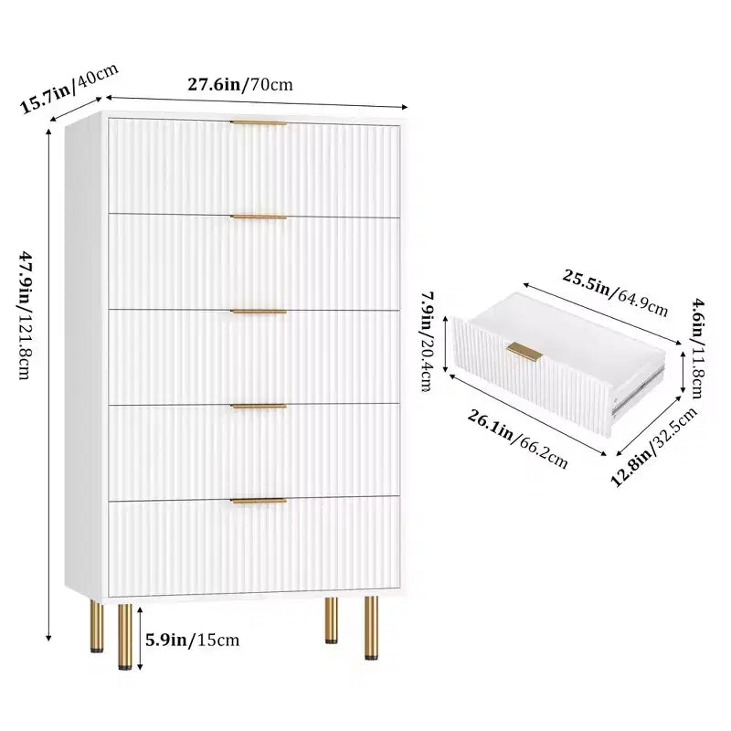 Commode à 5 tiroirs pour chambre à coucher, commode haute en bois de 119 cm avec poignées dorées, commode de rangement cannelée, commode de placard pour chambre à coucher
