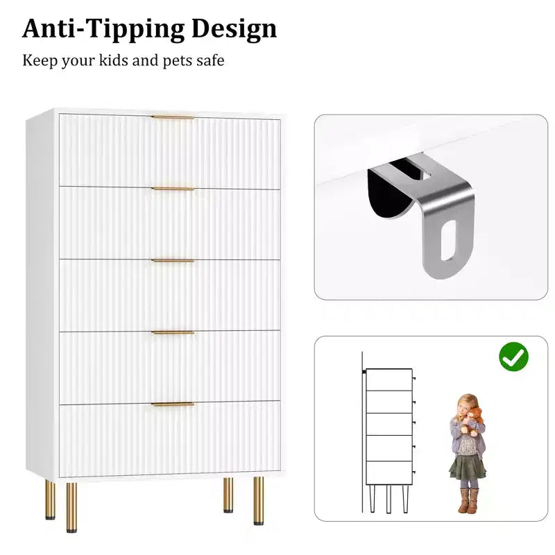 Commode à 5 tiroirs pour chambre à coucher, commode haute en bois de 119 cm avec poignées dorées, commode de rangement cannelée, commode de placard pour chambre à coucher