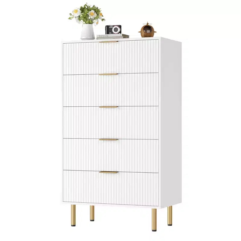 Commode à 5 tiroirs pour chambre à coucher, commode haute en bois de 119 cm avec poignées dorées, commode de rangement cannelée, commode de placard pour chambre à coucher