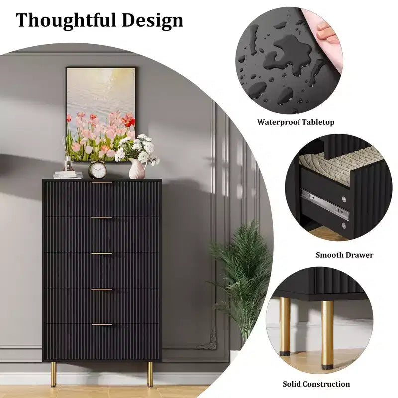 Commode à 5 tiroirs pour chambre à coucher, commode haute en bois de 119 cm avec poignées dorées, commode de rangement cannelée, commode de placard pour chambre à coucher