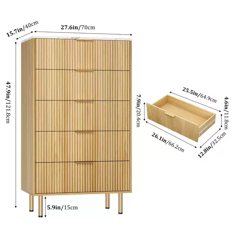 Commode à 5 tiroirs pour chambre à coucher, commode haute en bois de 119 cm avec poignées dorées, commode de rangement cannelée, commode de placard pour chambre à coucher