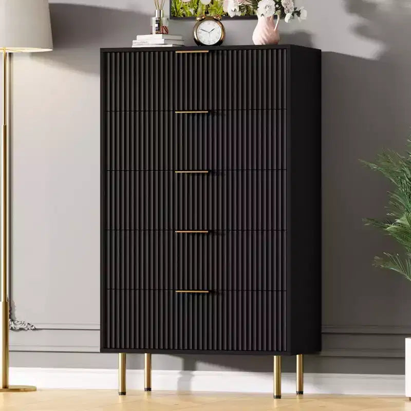 5 Drawer Dresser for Bedroom, 47 Tall Wooden Chest of Drawers with Gold Handle, Fluted Storage Dresser Organizer, Closet Dresser for Bedroom