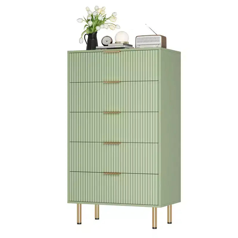 Commode à 5 tiroirs pour chambre à coucher, commode haute en bois de 119 cm avec poignées dorées, commode de rangement cannelée, commode de placard pour chambre à coucher