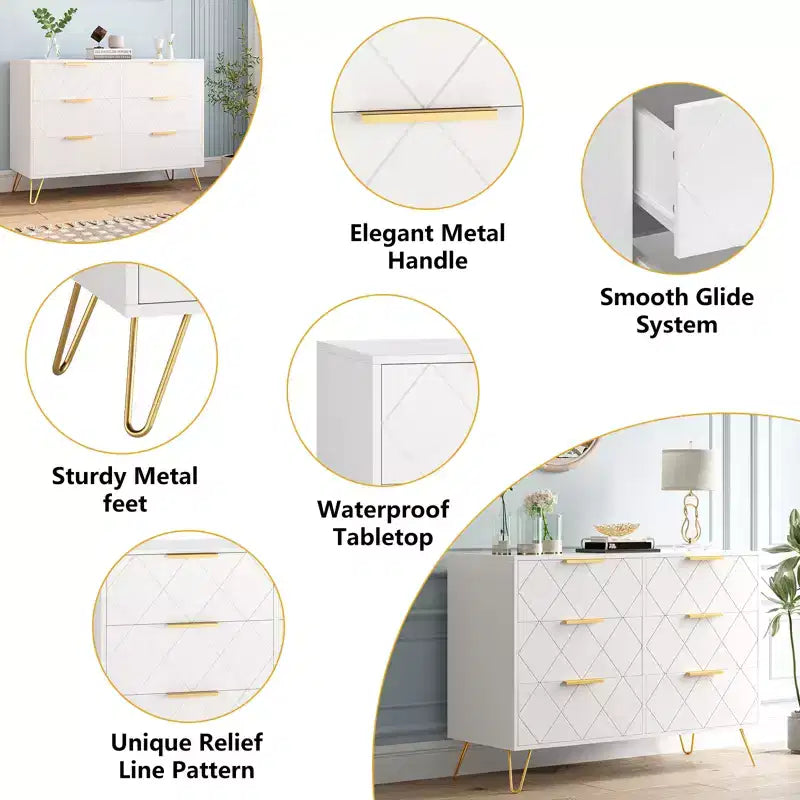 Commode en bois à 6 tiroirs pour placard, couloir, salon, chambre d'enfant