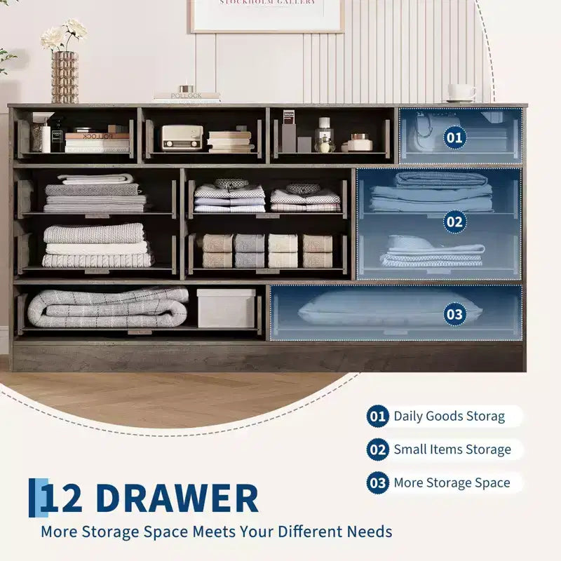 Commode moderne à 12 tiroirs, commodes en bois pour chambre à coucher, commode en bois pour vêtements, meuble de rangement pour salon, commode support TV