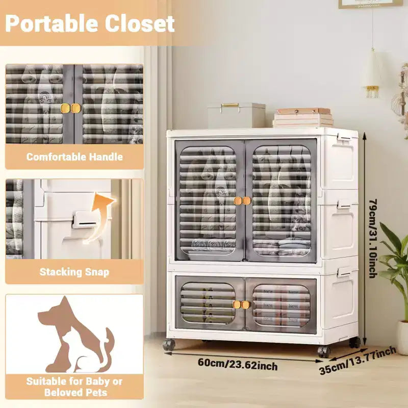 Penderie pour Animaux, Meuble de Rangement Empilable, Armoire à Vêtements, Organisateurs de Placard et Contenants de Rangement avec Portes, Roues et Tiges de Suspension