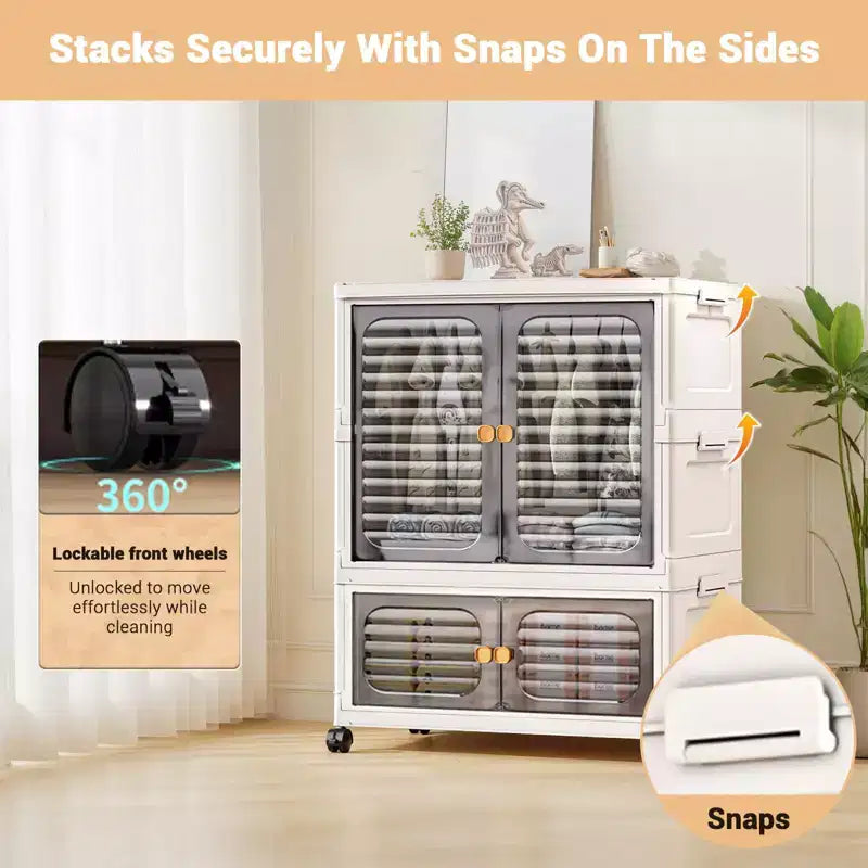 Penderie pour Animaux, Meuble de Rangement Empilable, Armoire à Vêtements, Organisateurs de Placard et Contenants de Rangement avec Portes, Roues et Tiges de Suspension