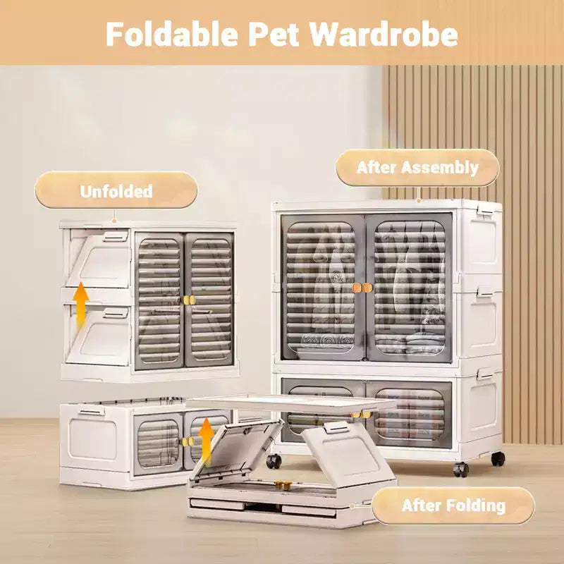 Penderie pour Animaux, Meuble de Rangement Empilable, Armoire à Vêtements, Organisateurs de Placard et Contenants de Rangement avec Portes, Roues et Tiges de Suspension