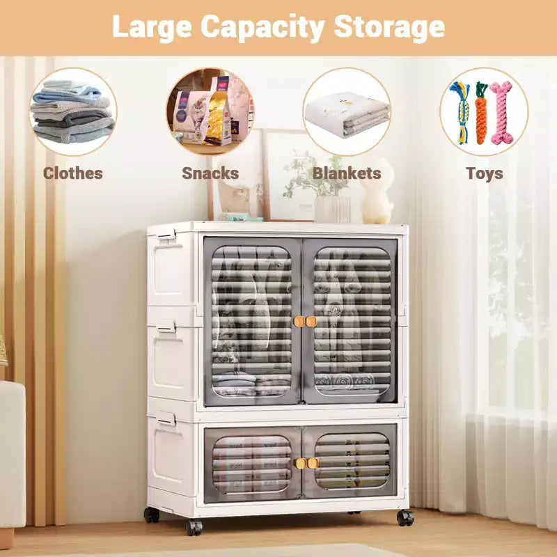 Penderie pour Animaux, Meuble de Rangement Empilable, Armoire à Vêtements, Organisateurs de Placard et Contenants de Rangement avec Portes, Roues et Tiges de Suspension