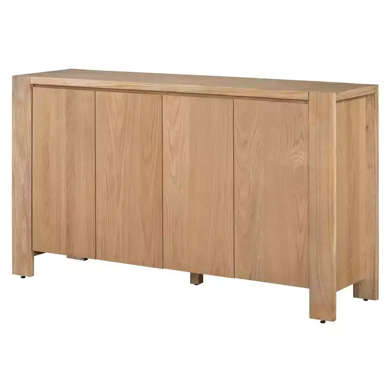 Buffet de salle à manger/salon en bois rétro 4 portes, style campagnard avec rangement, finition vieillie et étagères réglables, naturel