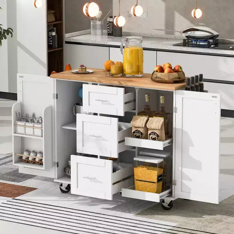 Îlot de cuisine roulant avec rangement, chariot de cuisine avec plateau en bois d'hévéa, 3 tiroirs, 2 étagères coulissantes et étagère interne, support à épices et support à torchons.