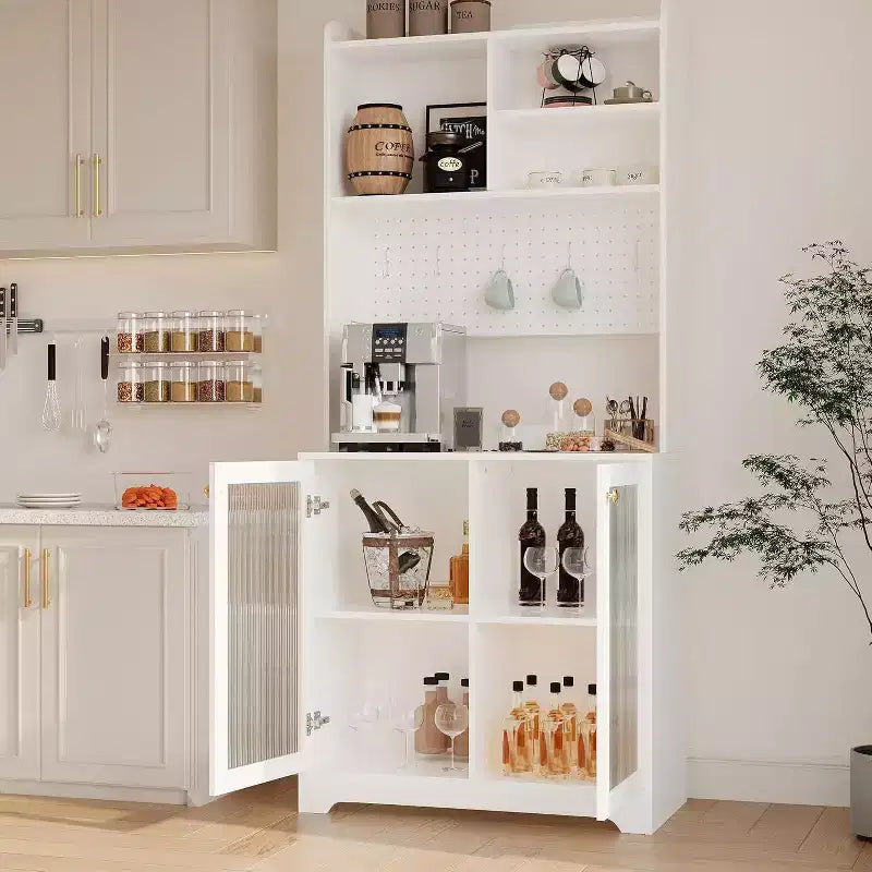 71 Meuble de rangement de garde-manger, unité de rangement haute et autoportante à 6 niveaux avec panneau perforé, 2 armoires, étagères ouvertes, portes vitrées, pour bureau à domicile