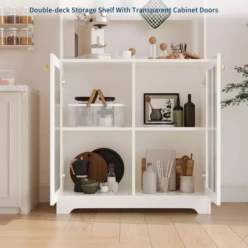71 Meuble de rangement de garde-manger, unité de rangement haute et autoportante à 6 niveaux avec panneau perforé, 2 armoires, étagères ouvertes, portes vitrées, pour bureau à domicile