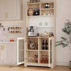71 Meuble de rangement de garde-manger, unité de rangement haute et autoportante à 6 niveaux avec panneau perforé, 2 armoires, étagères ouvertes, portes vitrées, pour bureau à domicile