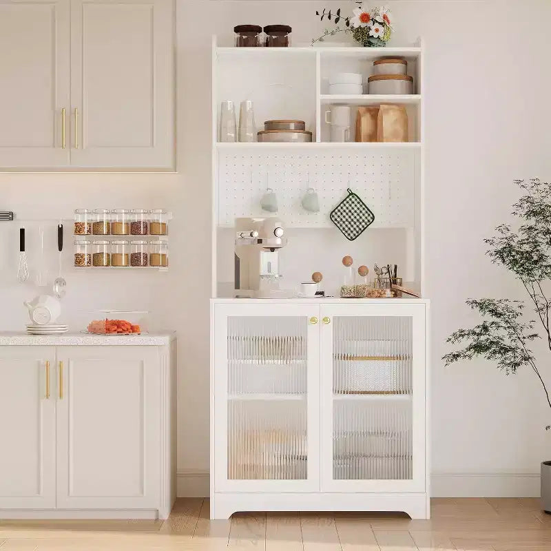 71 Meuble de rangement de garde-manger, unité de rangement haute et autoportante à 6 niveaux avec panneau perforé, 2 armoires, étagères ouvertes, portes vitrées, pour bureau à domicile