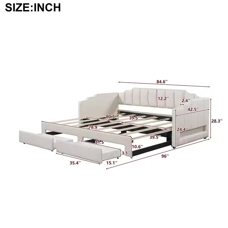 Lit de repos rembourré Twin XL avec 2 tiroirs de rangement, extensible en lit King Size