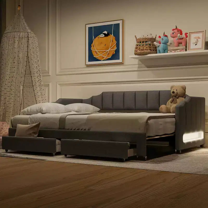 Lit de repos rembourré Twin XL avec 2 tiroirs de rangement, extensible en lit King Size