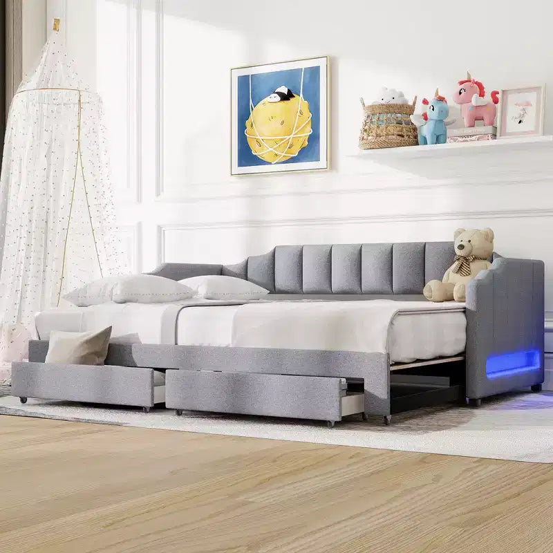 Lit de repos rembourré Twin XL avec 2 tiroirs de rangement, extensible en lit King Size
