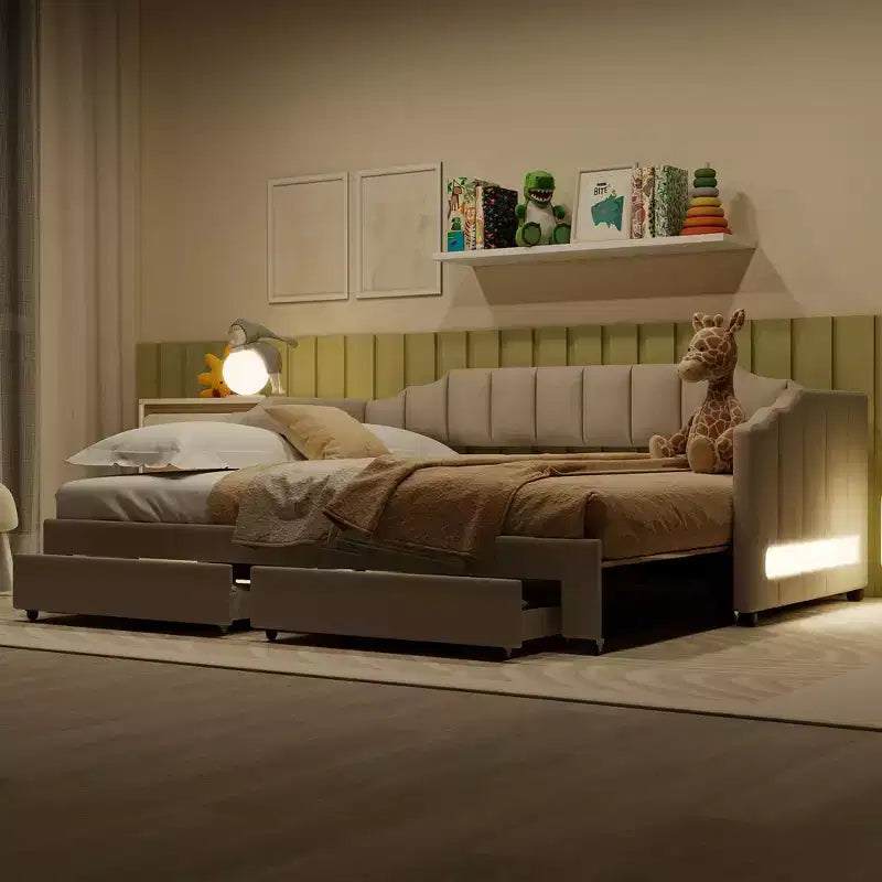 Lit de repos rembourré Twin XL avec 2 tiroirs de rangement, extensible en lit King Size