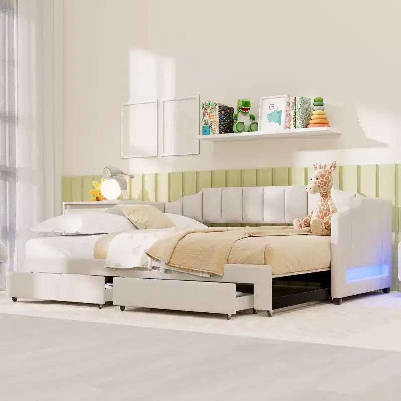 Lit de repos rembourré Twin XL avec 2 tiroirs de rangement, extensible en lit King Size