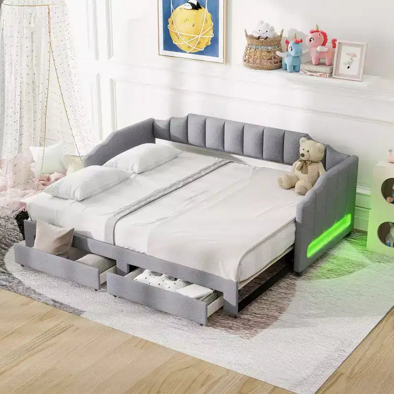 Lit de repos rembourré Twin XL avec 2 tiroirs de rangement, extensible en lit King Size