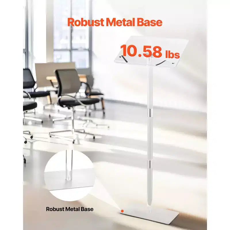 Pupitre, lutrin en acrylique de 109 cm, support portable pour ordinateur portable avec large surface de lecture, serre-livres, angle réglable, transparent