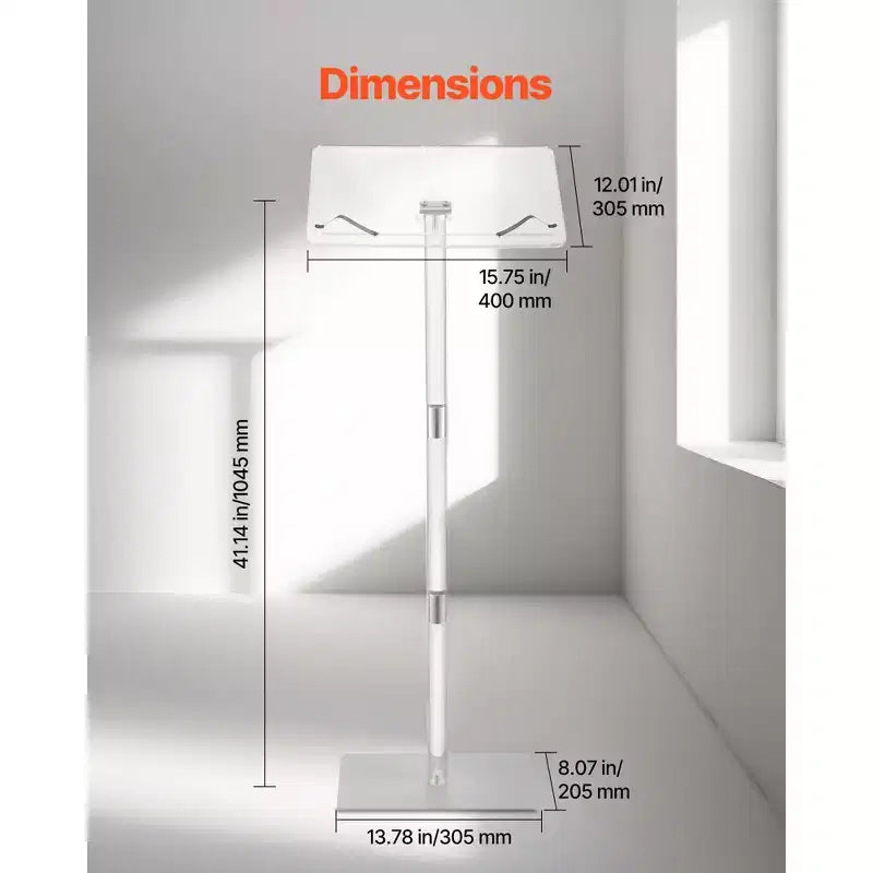 Pupitre, lutrin en acrylique de 109 cm, support portable pour ordinateur portable avec large surface de lecture, serre-livres, angle réglable, transparent