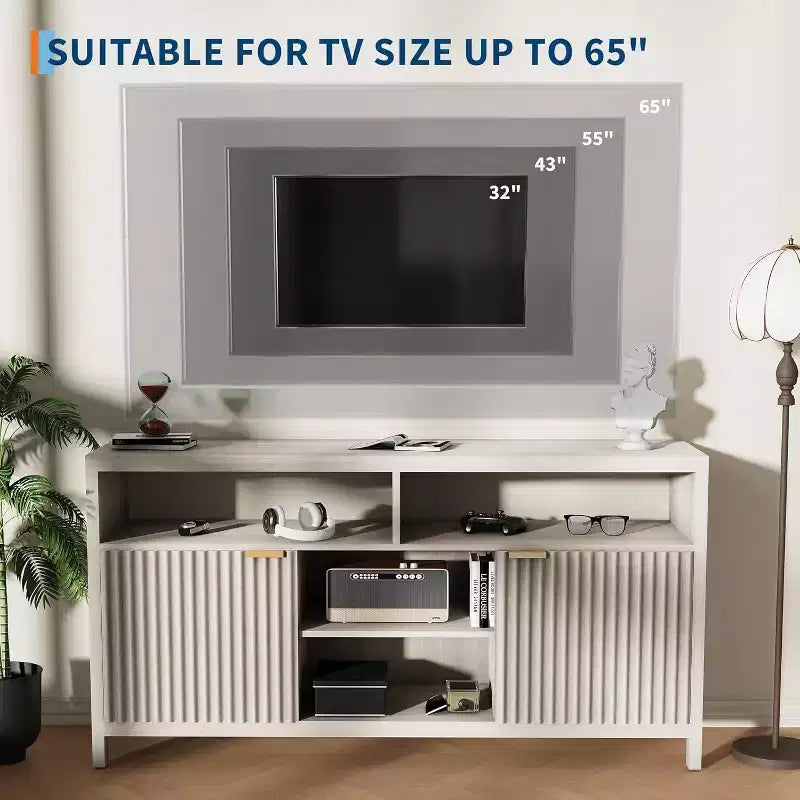 Meuble TV de ferme de 150 cm avec porte cannelée et étagères réglables, centre de divertissement pour téléviseurs de 65 pouces