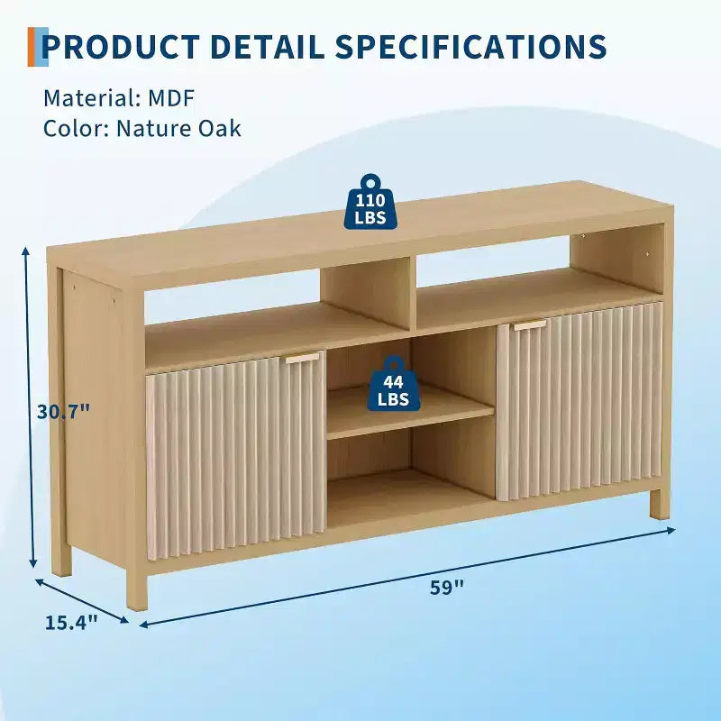 Meuble TV de ferme de 150 cm avec porte cannelée et étagères réglables, centre de divertissement pour téléviseurs de 65 pouces