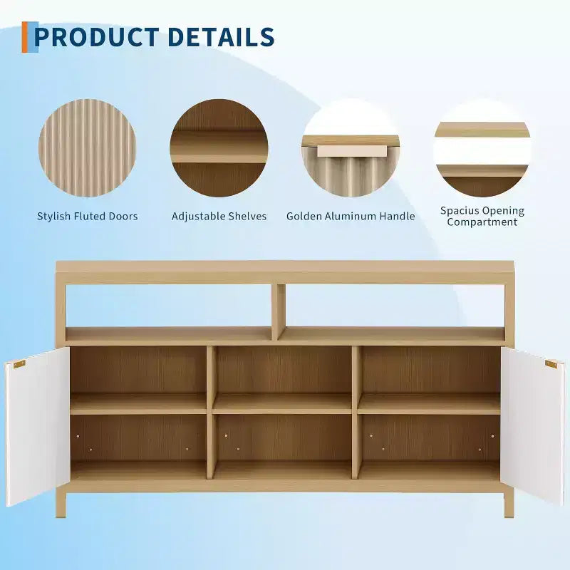 Meuble TV de ferme de 150 cm avec porte cannelée et étagères réglables, centre de divertissement pour téléviseurs de 65 pouces