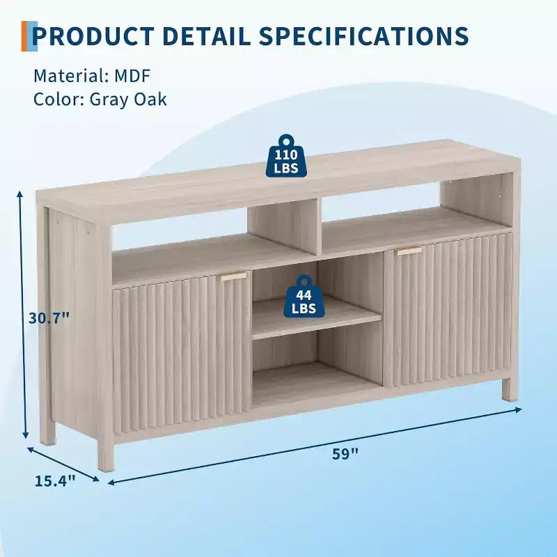Meuble TV de ferme de 150 cm avec porte cannelée et étagères réglables, centre de divertissement pour téléviseurs de 65 pouces