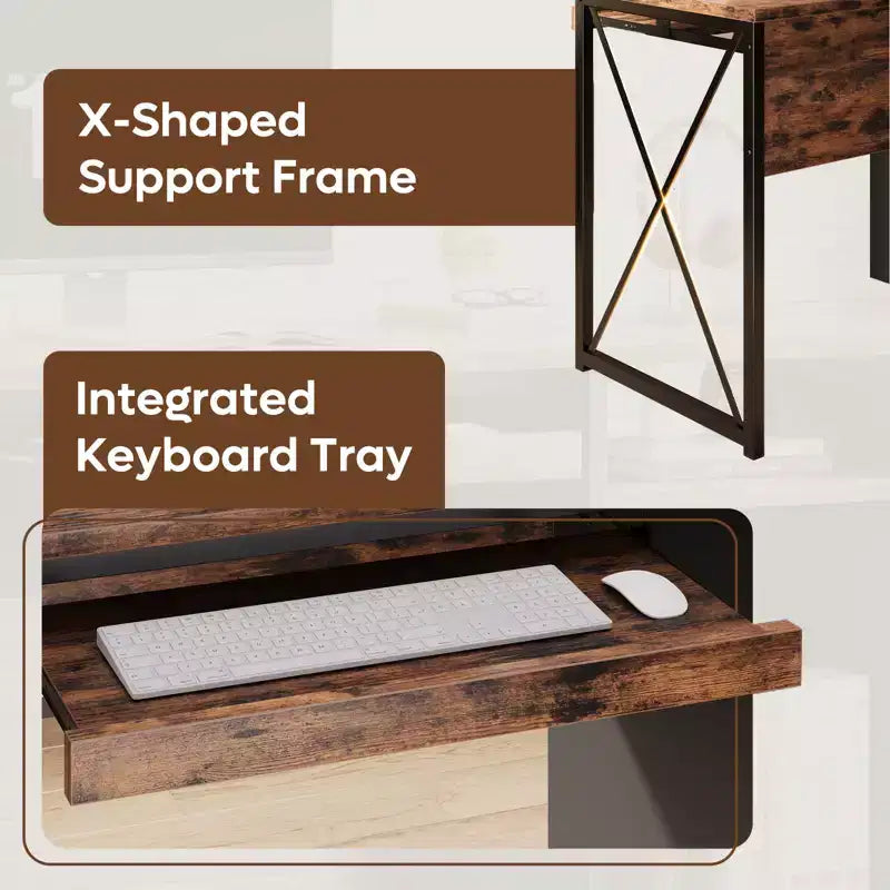 Bureau informatique de 122 cm avec rangement, petit bureau de direction avec placard, étagère ouverte et tablette coulissante pour clavier, pour bureau à domicile et étude
