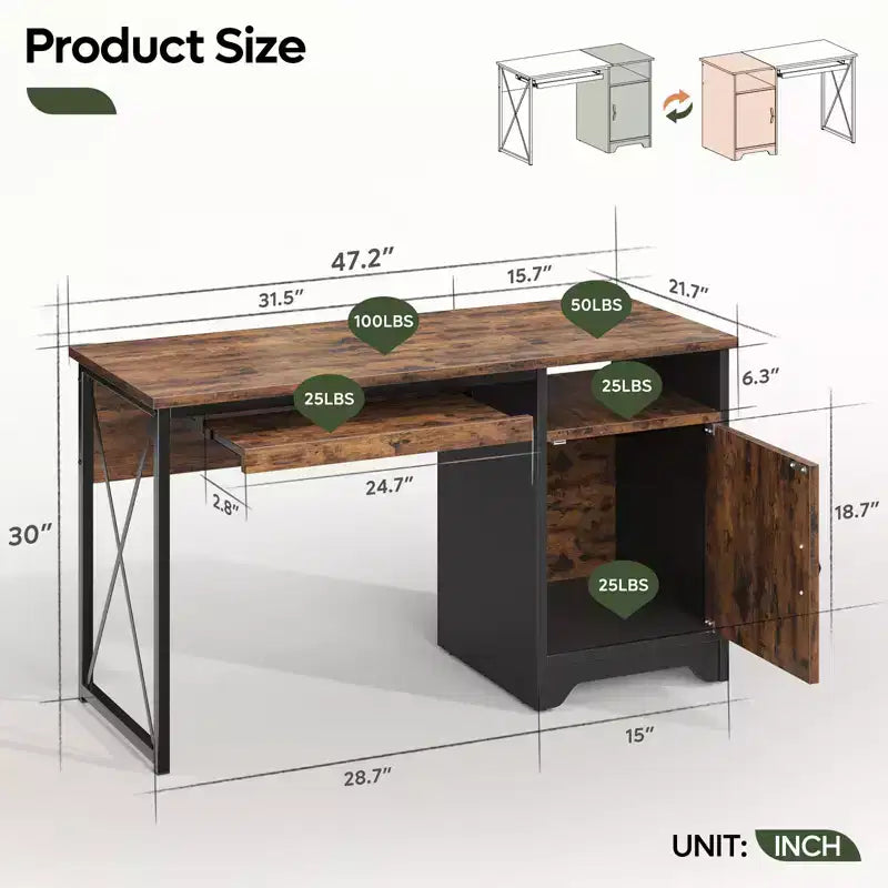Bureau informatique de 122 cm avec rangement, petit bureau de direction avec placard, étagère ouverte et tablette coulissante pour clavier, pour bureau à domicile et étude