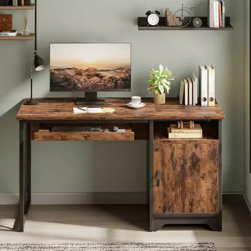 Bureau informatique de 122 cm avec rangement, petit bureau de direction avec placard, étagère ouverte et tablette coulissante pour clavier, pour bureau à domicile et étude