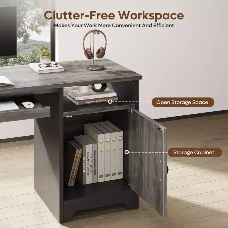 Bureau informatique de 122 cm avec rangement, petit bureau de direction avec placard, étagère ouverte et tablette coulissante pour clavier, pour bureau à domicile et étude